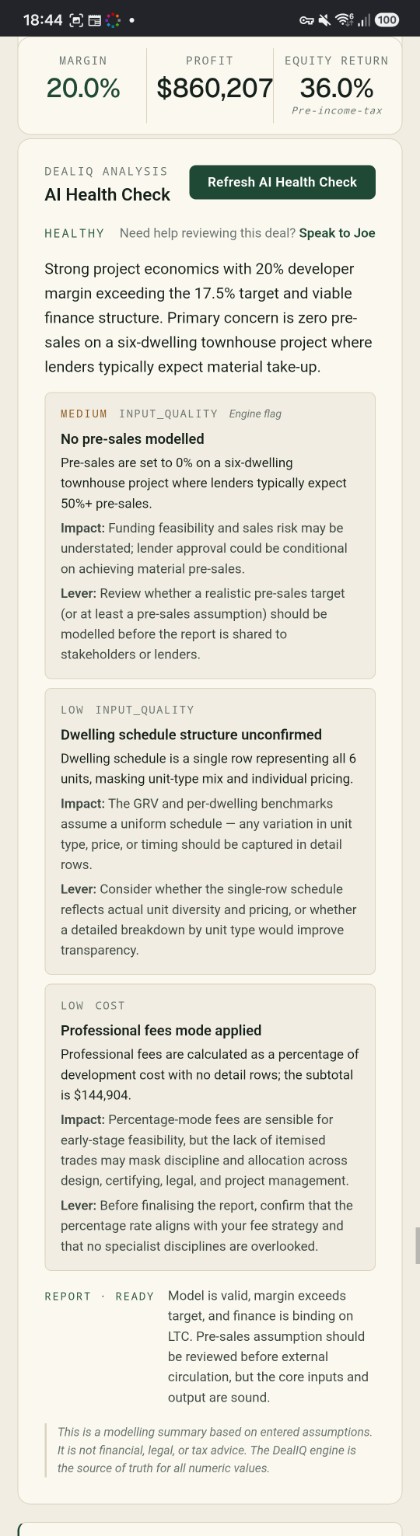 DealIQ AI Health Check identifying pre-sales, dwelling-schedule and professional-fee assumptions.